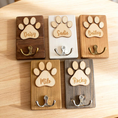 Personalized Wooden Dog Paw Hook, Custom Pet Name Wall Hook, Dog Leash Holder