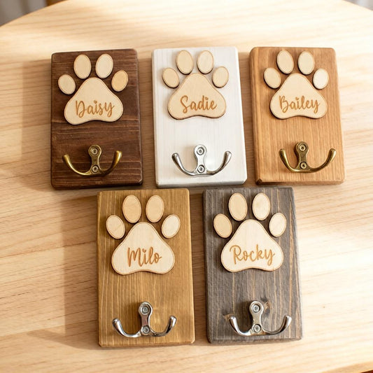 Personalized Wooden Dog Paw Hook, Custom Pet Name Wall Hook, Dog Leash Holder