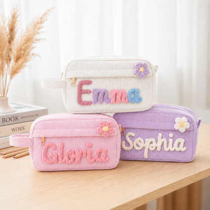 Personalized Girls Pencil Case, Custom Name Pencil Pouch with Flower Charm, Back to School Gift