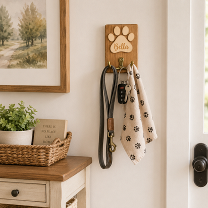 Personalized Wooden Dog Paw Hook, Custom Pet Name Wall Hook, Dog Leash Holder