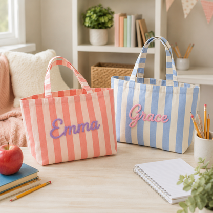 Personalized Teacher Tote Bag, Custom Name Striped Tote Bag, Back to School Teacher Gift