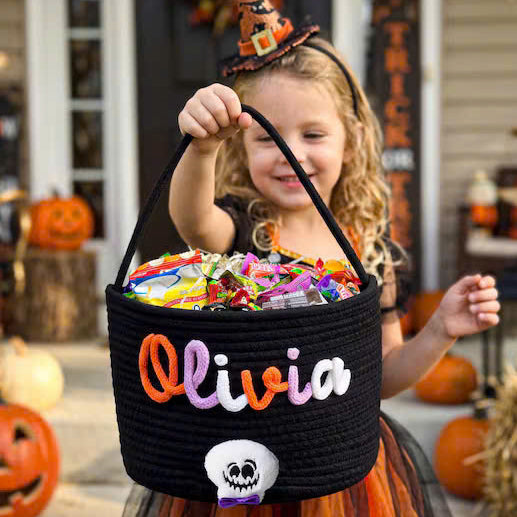 Personalized Halloween Candy Basket – Custom Name Rope Trick or Treat Bag for Kids