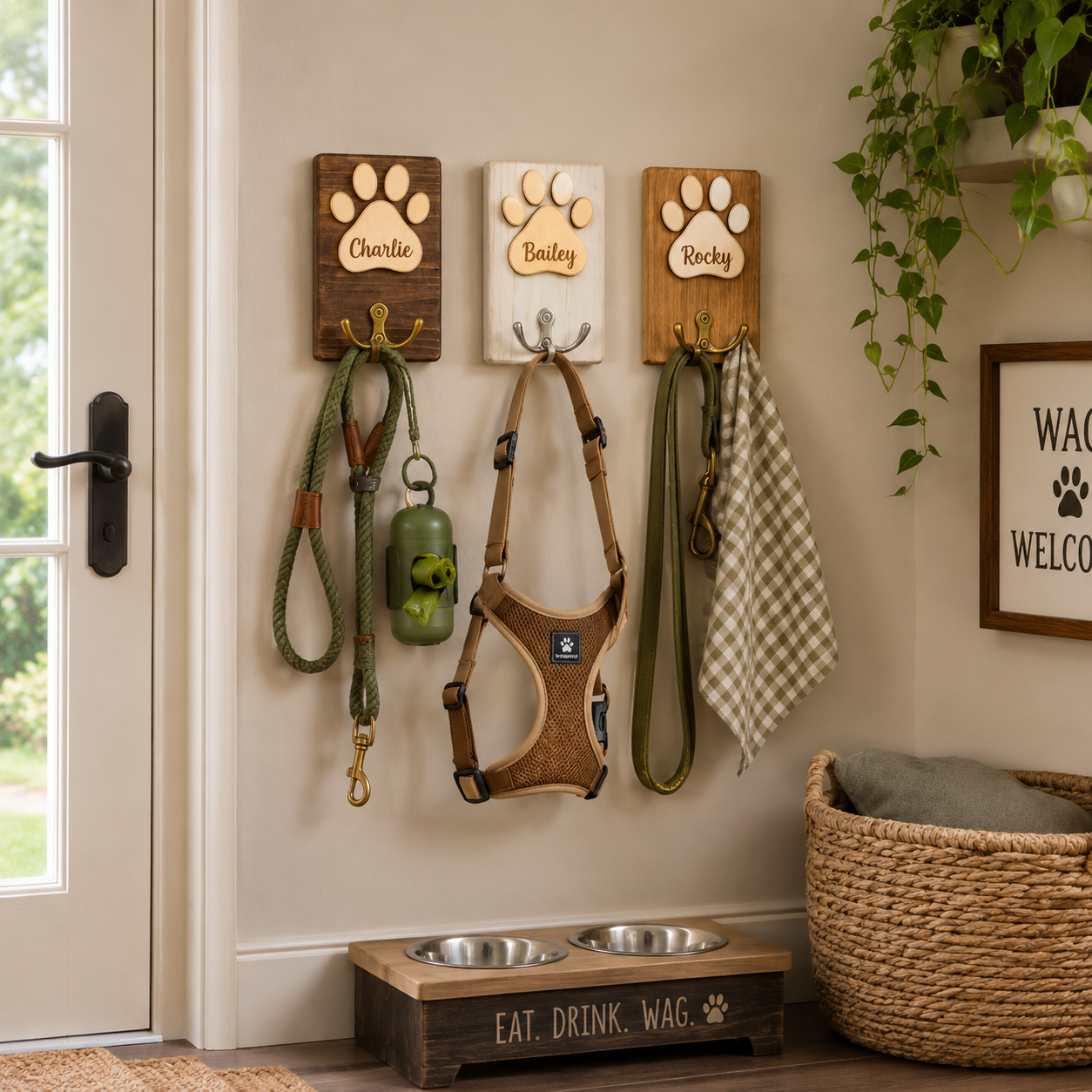 Personalized Wooden Dog Paw Hook, Custom Pet Name Wall Hook, Dog Leash Holder
