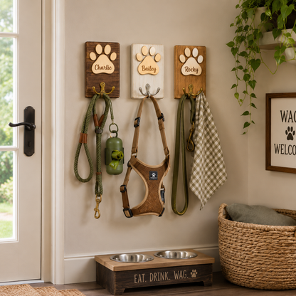 Personalized Wooden Dog Paw Hook, Custom Pet Name Wall Hook, Dog Leash Holder