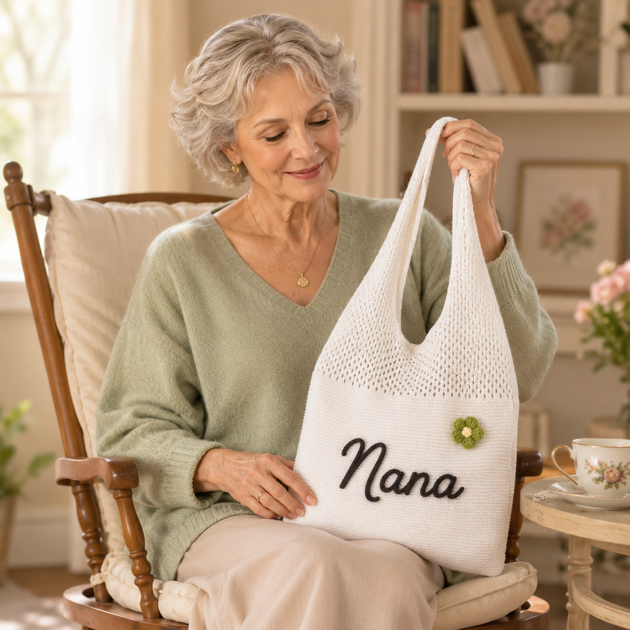 Personalized Knit Hollow-Out Shoulder Bag, Custom Grandma Name Bag, Grandparents Day Gift