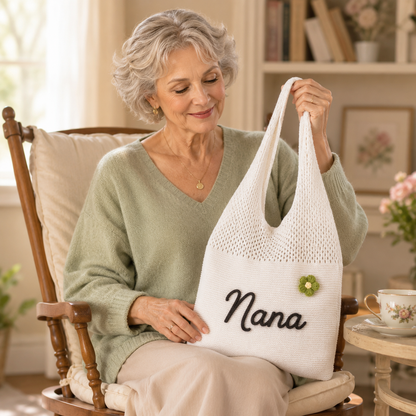 Personalized Knit Hollow-Out Shoulder Bag, Custom Grandma Name Bag, Grandparents Day Gift
