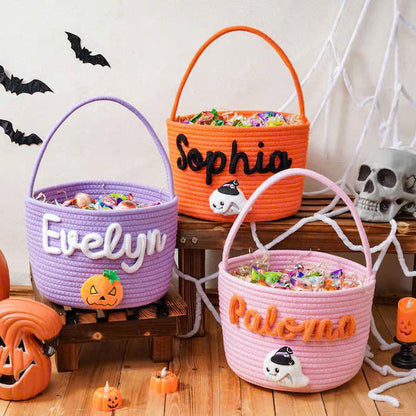 Personalized Halloween Candy Basket – Custom Name Rope Trick or Treat Bag for Kids