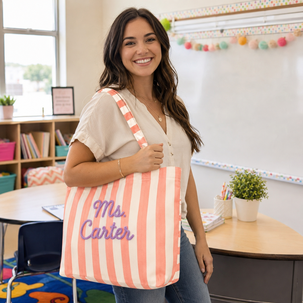 Personalized Teacher Tote Bag, Custom Name Striped Tote Bag, Back to School Teacher Gift