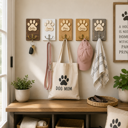 Personalized Wooden Dog Paw Hook, Custom Pet Name Wall Hook, Dog Leash Holder