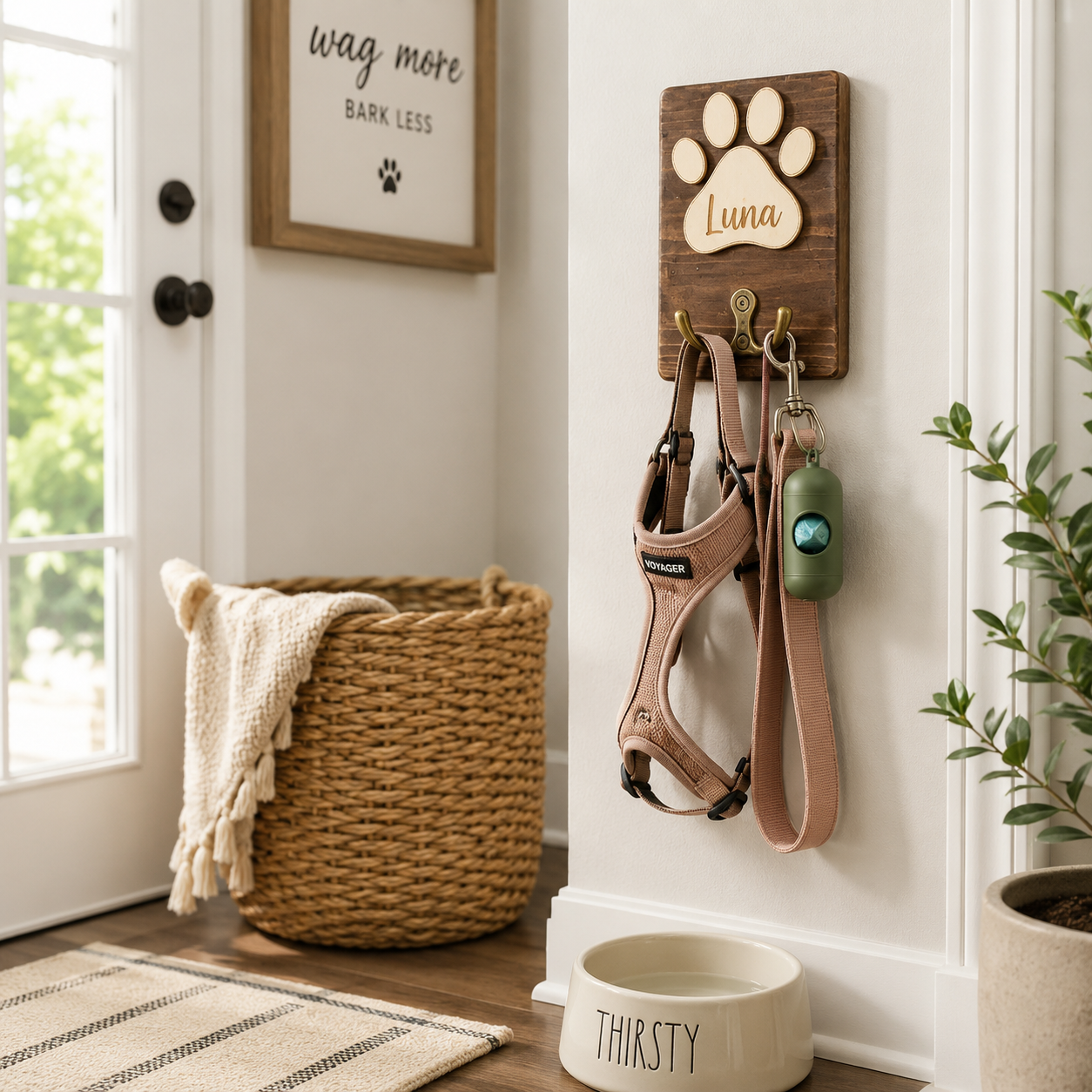 Personalized Wooden Dog Paw Hook, Custom Pet Name Wall Hook, Dog Leash Holder