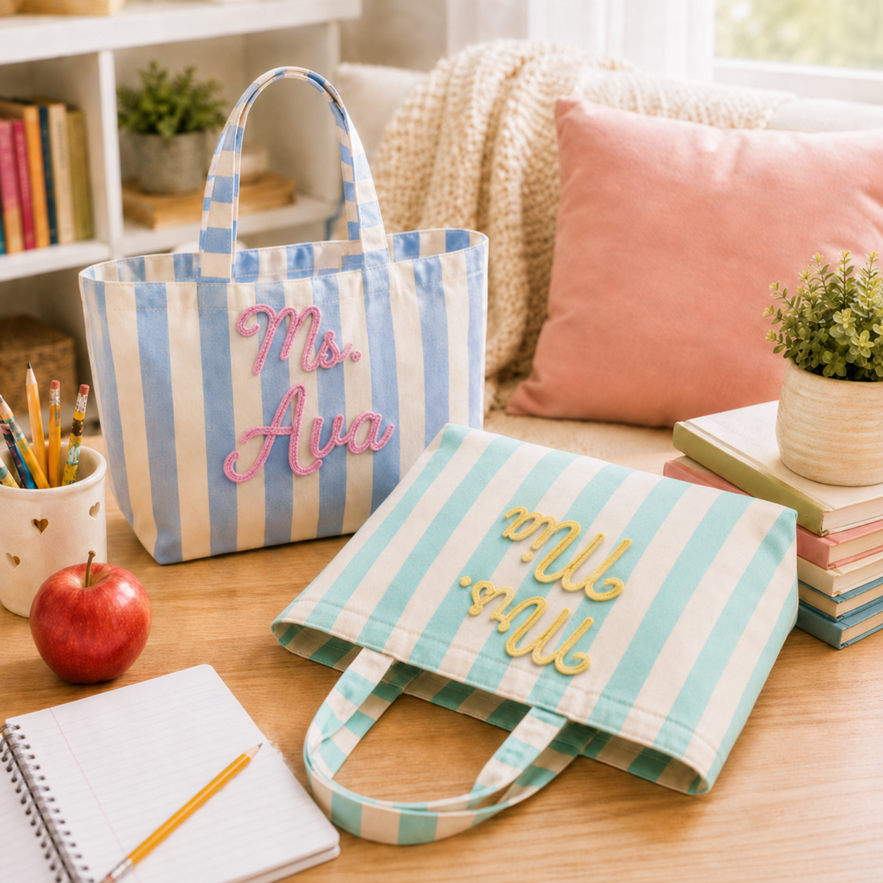 Personalized Teacher Tote Bag, Custom Name Striped Tote Bag, Back to School Teacher Gift