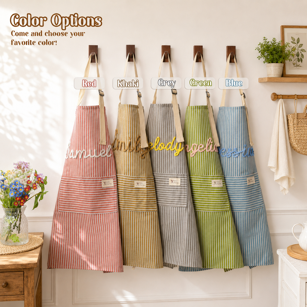 Personalized Grandma Apron, Custom Name Striped Kitchen Apron, Grandparents Day Gift for Grandma