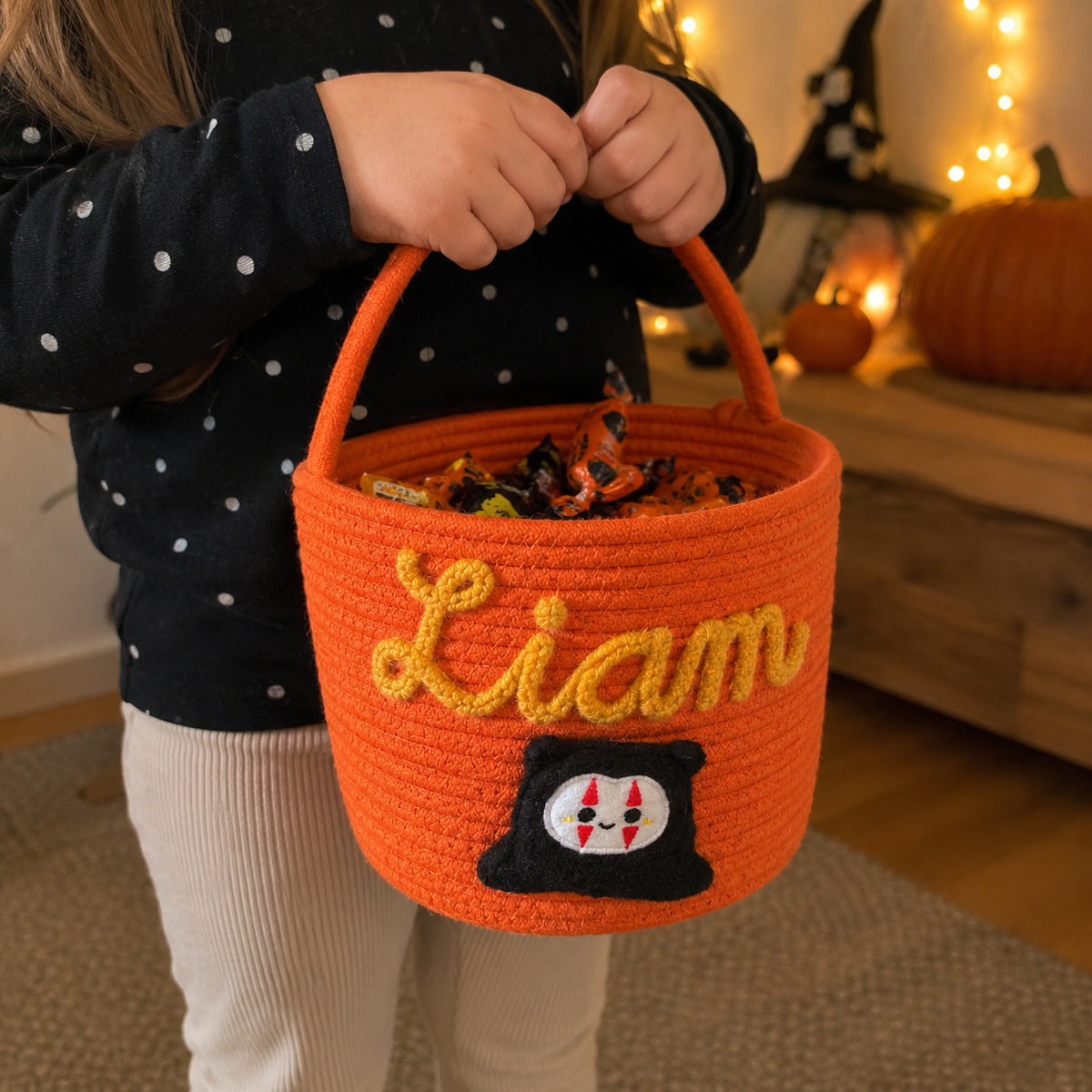Personalized Halloween Candy Basket – Custom Name Rope Trick or Treat Bag for Kids