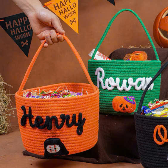 Personalized Halloween Candy Basket – Custom Name Rope Trick or Treat Bag for Kids