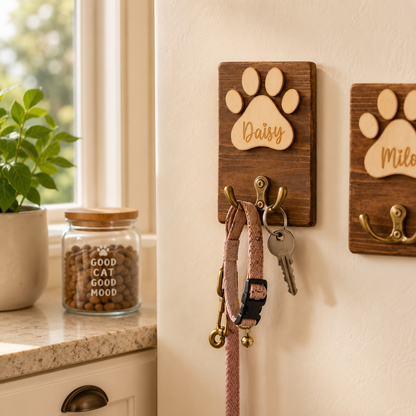 Personalized Wooden Dog Paw Hook, Custom Pet Name Wall Hook, Dog Leash Holder