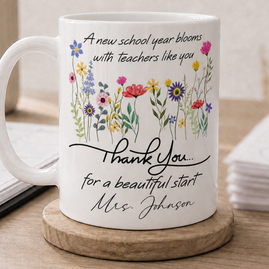 Personalized Teacher Flower Mug, Custom Name Back to School Thank You Gift