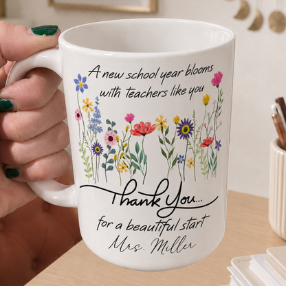 Personalized Teacher Flower Mug, Custom Name Back to School Thank You Gift