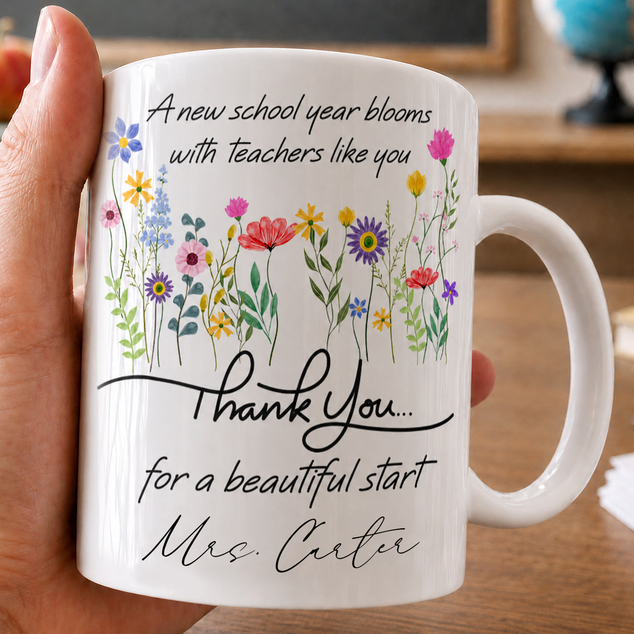 Personalized Teacher Flower Mug, Custom Name Back to School Thank You Gift