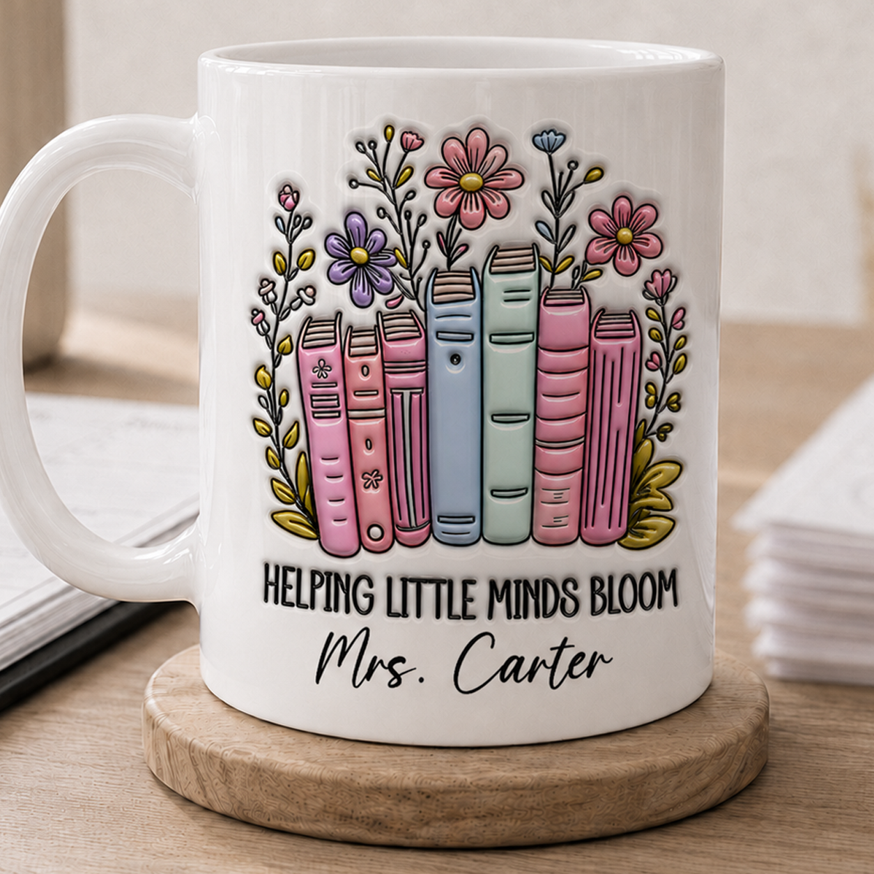 Personalized Teacher Mug, Custom Name Helping Little Minds Bloom Mug, Back to School Gift