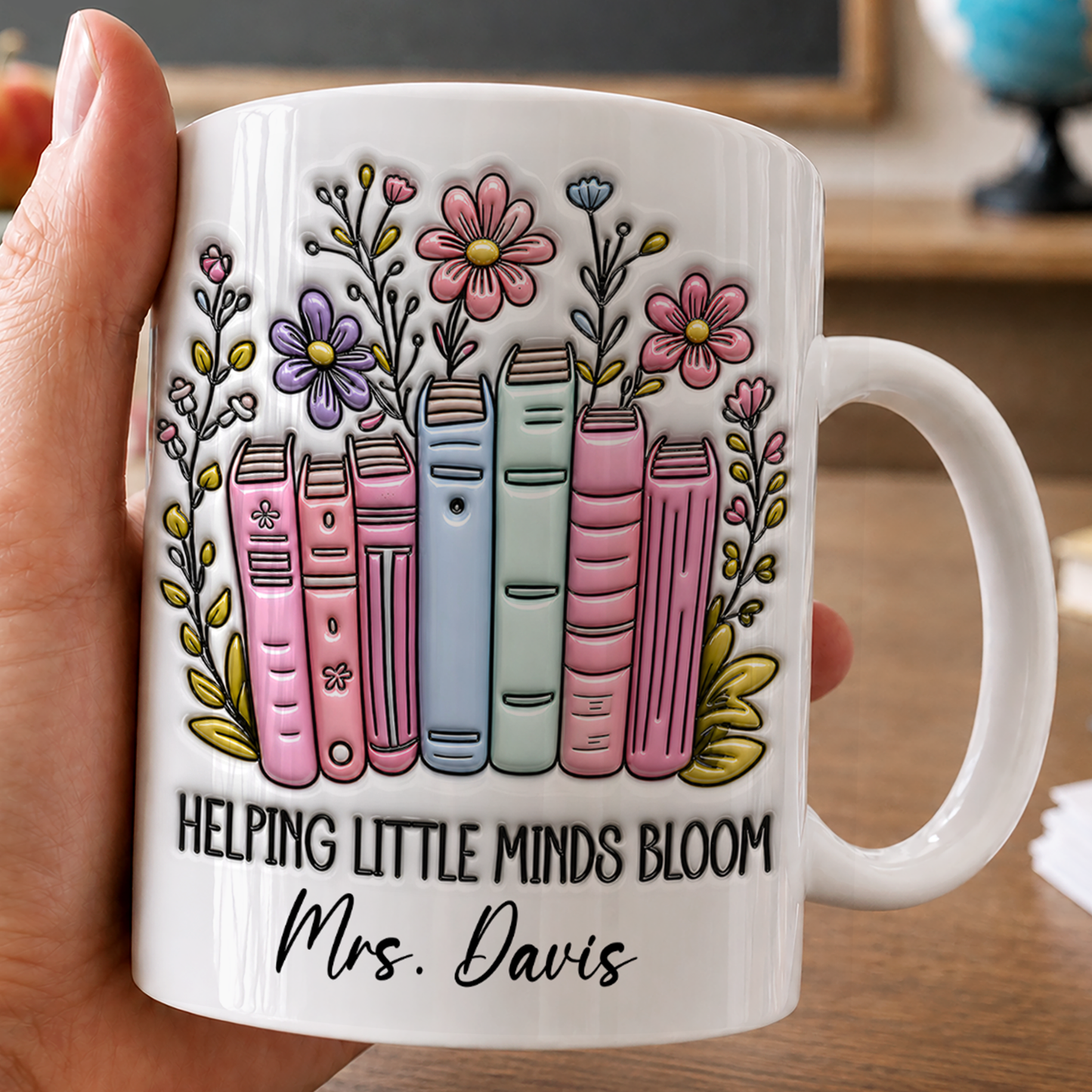 Personalized Teacher Mug, Custom Name Helping Little Minds Bloom Mug, Back to School Gift