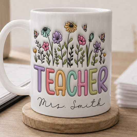 Personalized Teacher Mug, Custom Name Floral Teacher Gift, Back to School Mug