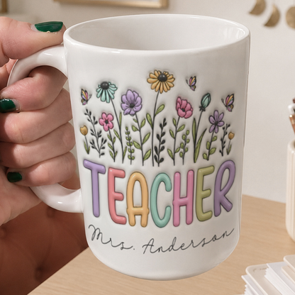 Personalized Teacher Mug, Custom Name Floral Teacher Gift, Back to School Mug