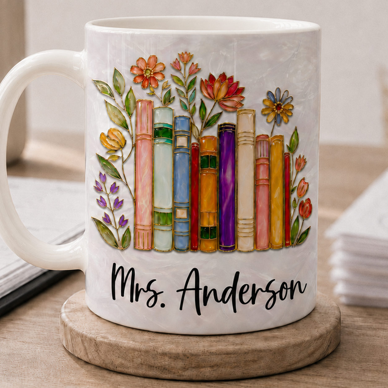 Personalized Teacher Name Mug, Custom Floral Books Back to School Gift