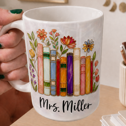 Personalized Teacher Name Mug, Custom Floral Books Back to School Gift