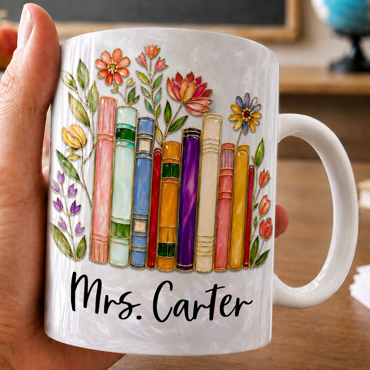 Personalized Teacher Name Mug, Custom Floral Books Back to School Gift