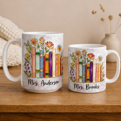 Personalized Teacher Name Mug, Custom Floral Books Back to School Gift