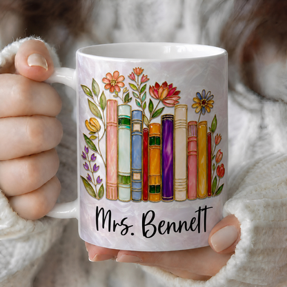 Personalized Teacher Name Mug, Custom Floral Books Back to School Gift