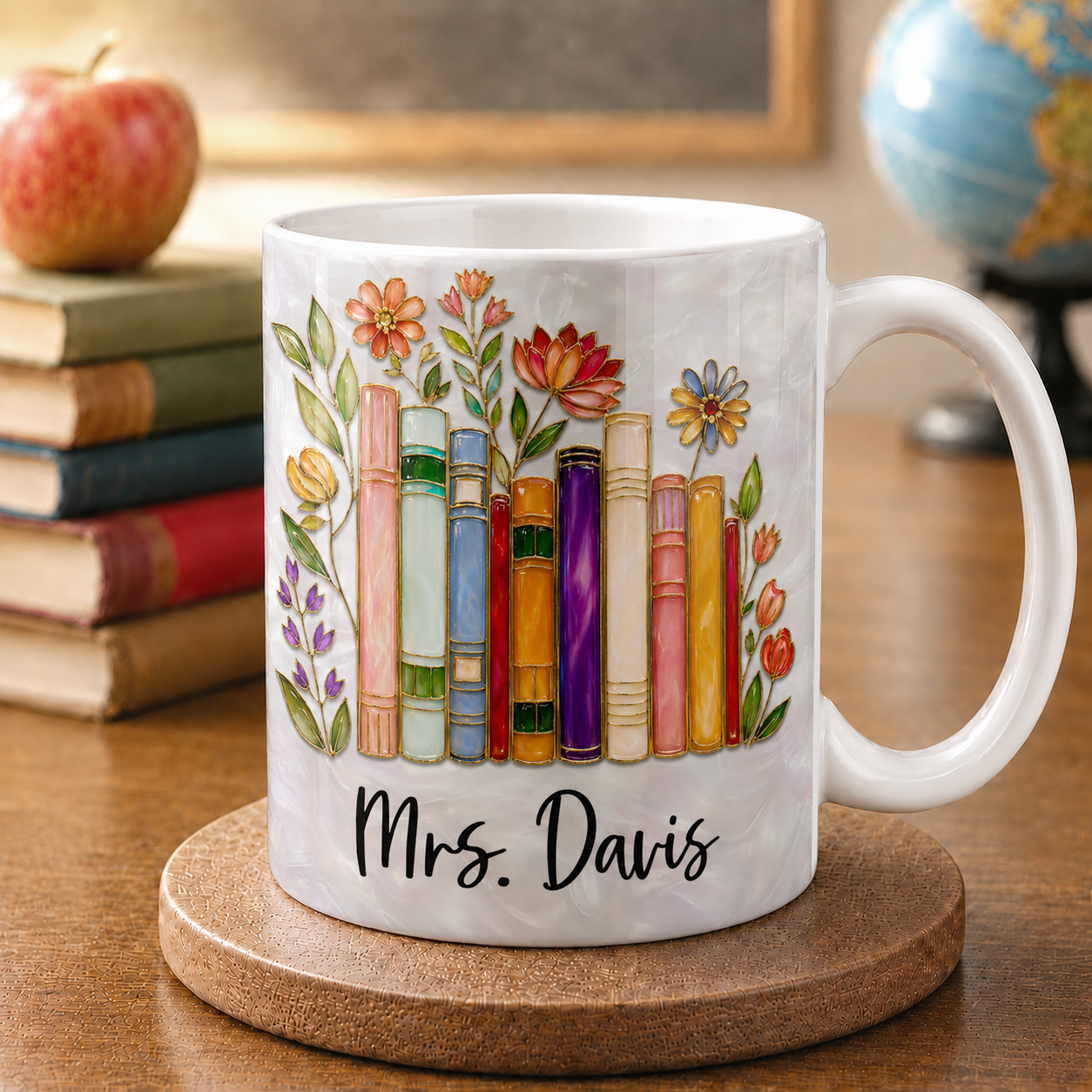 Personalized Teacher Mug with Name, Back to School Gift with Floral Book Design