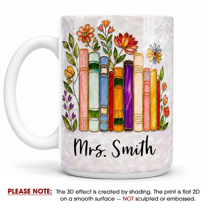 Personalized Teacher Mug with Name, Back to School Gift with Floral Book Design