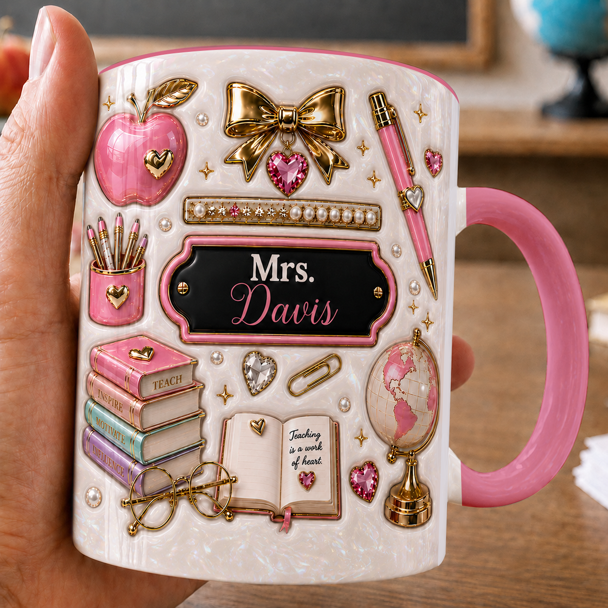Personalized Pink Teacher Mug, Custom Name Teacher Gift, Back to School Mug