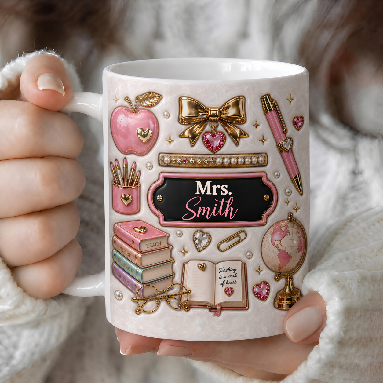 Personalized Pink Teacher Mug, Custom Name Teacher Gift, Back to School Mug