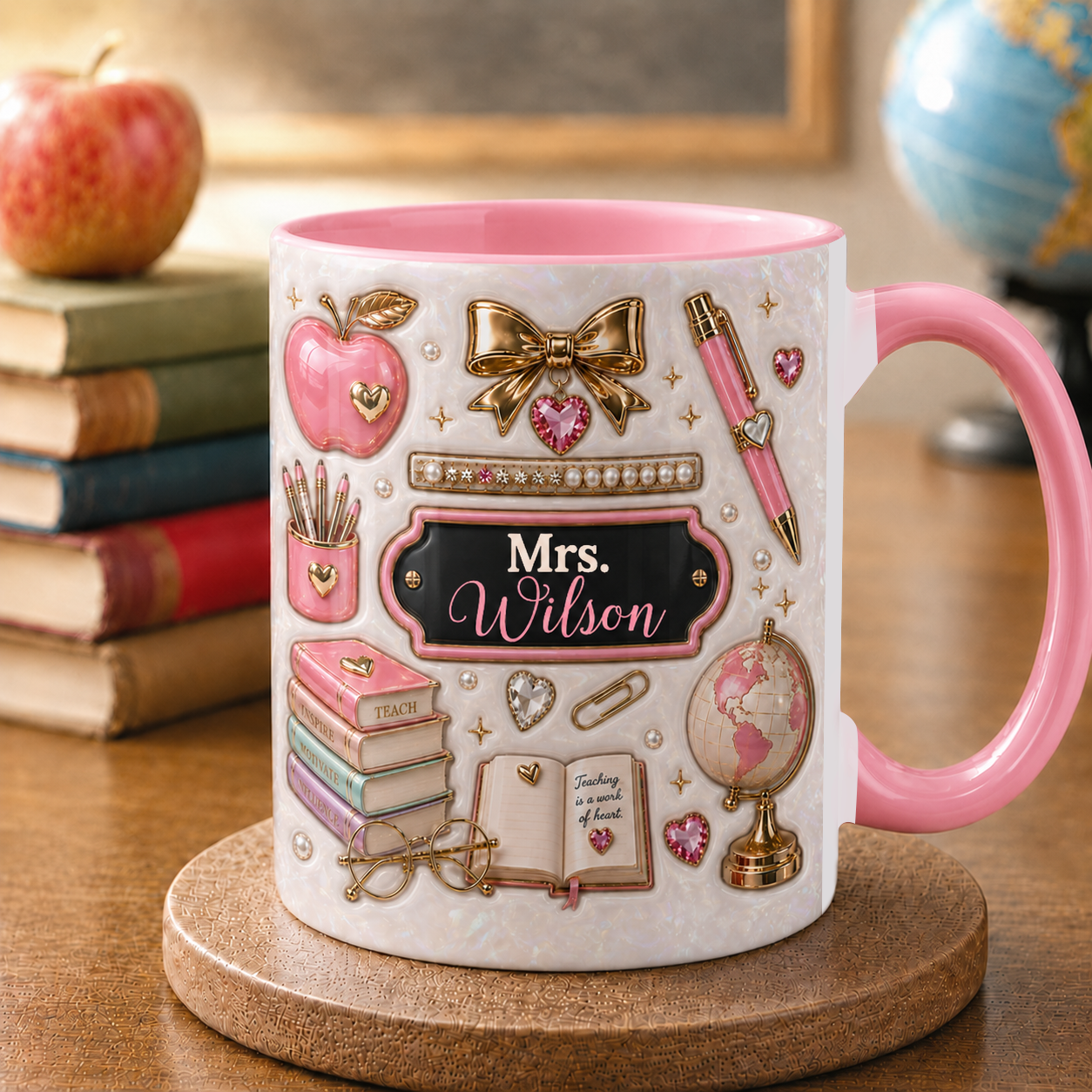 Personalized Pink Teacher Mug, Custom Name Teacher Gift, Back to School Mug