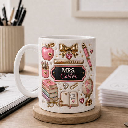 Personalized Pink Teacher Mug, Custom Name Teacher Gift, Back to School Mug