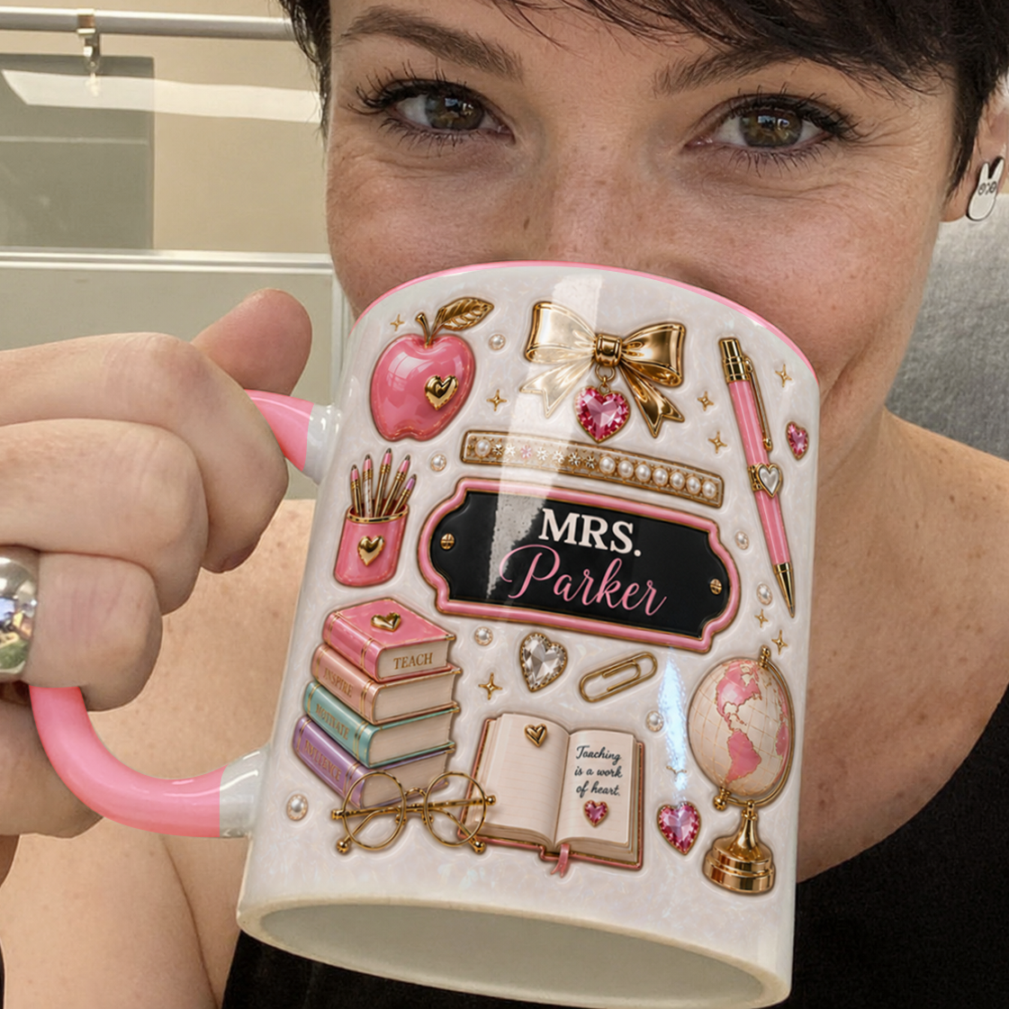 Personalized Pink Teacher Mug, Custom Name Teacher Gift, Back to School Mug
