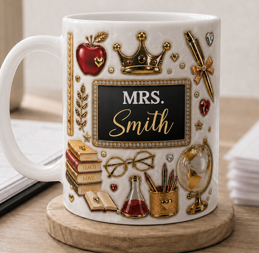 Personalized Mrs Teacher Name Mug, Gold Crown Back to School Teacher Gift