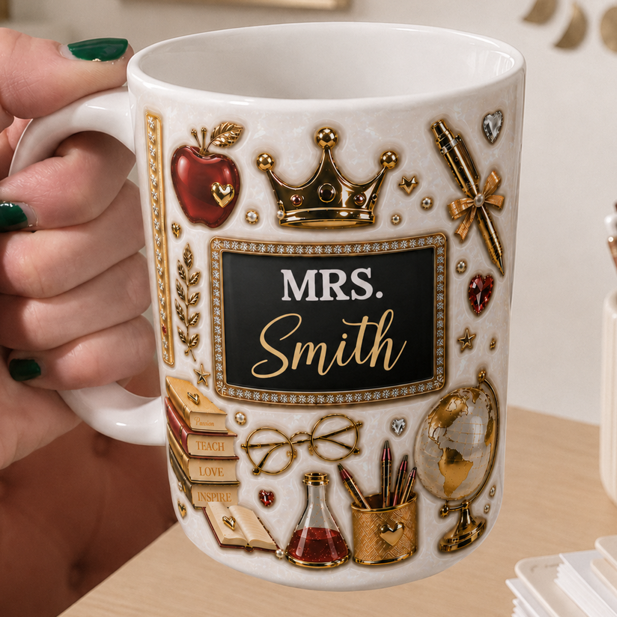 Personalized Mrs Teacher Name Mug, Gold Crown Back to School Teacher Gift