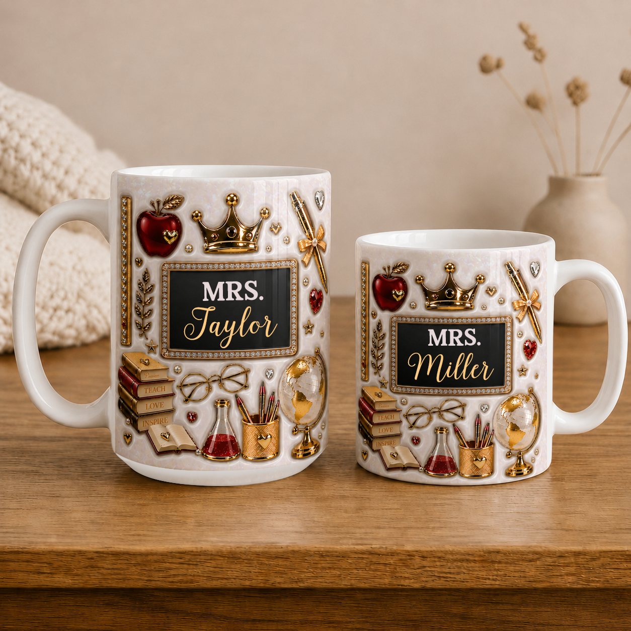 Personalized Mrs Teacher Name Mug, Gold Crown Back to School Teacher Gift