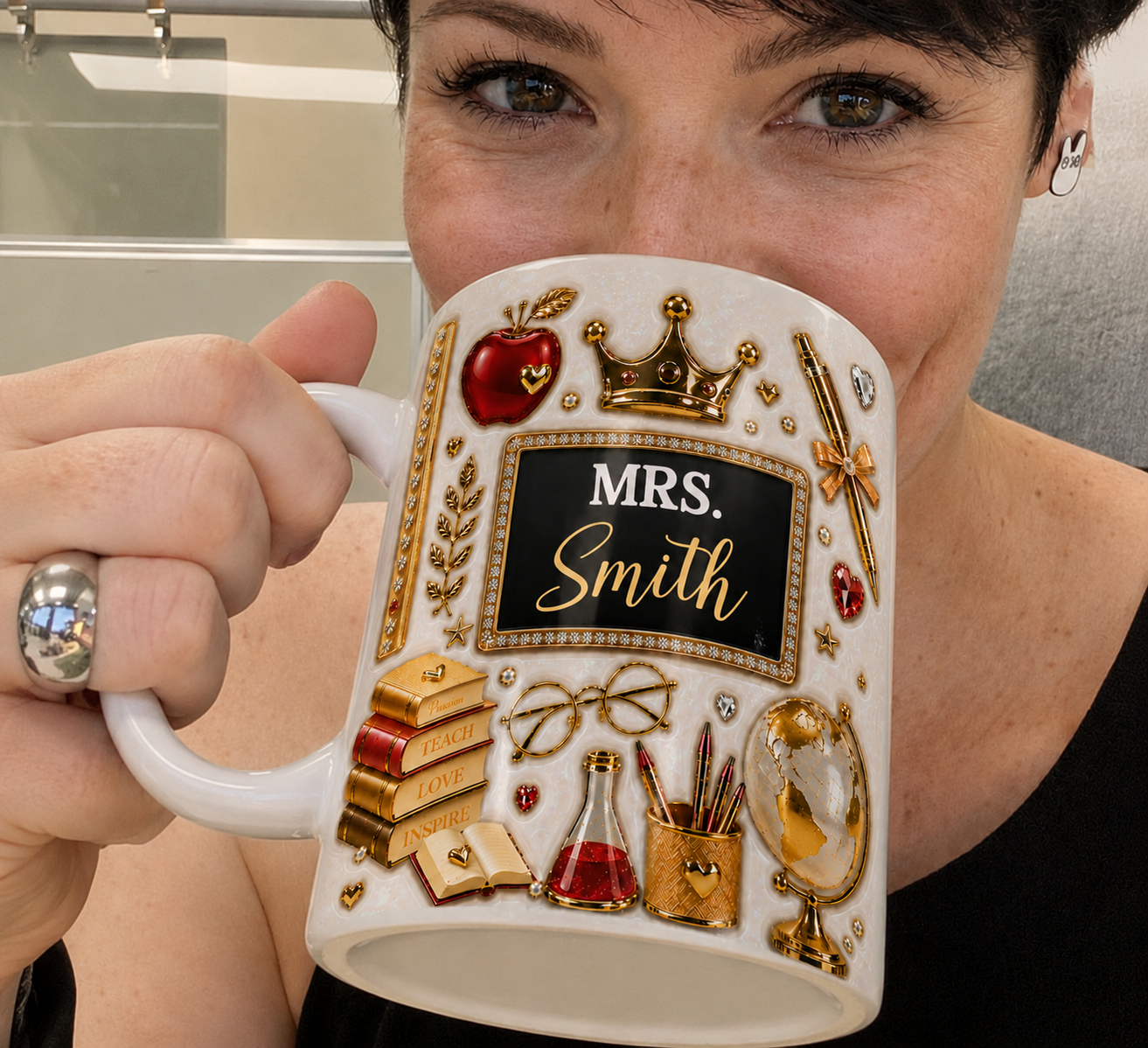 Personalized Mrs Teacher Name Mug, Gold Crown Back to School Teacher Gift