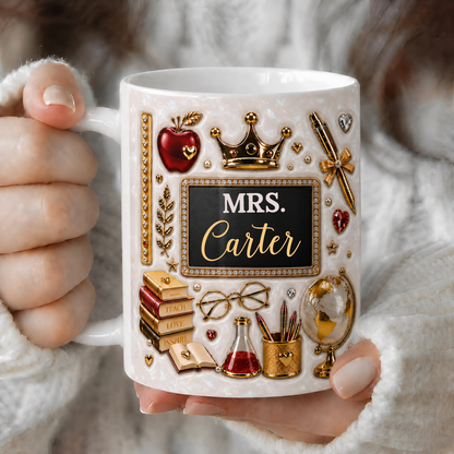 Personalized Mrs Teacher Name Mug, Gold Crown Back to School Teacher Gift