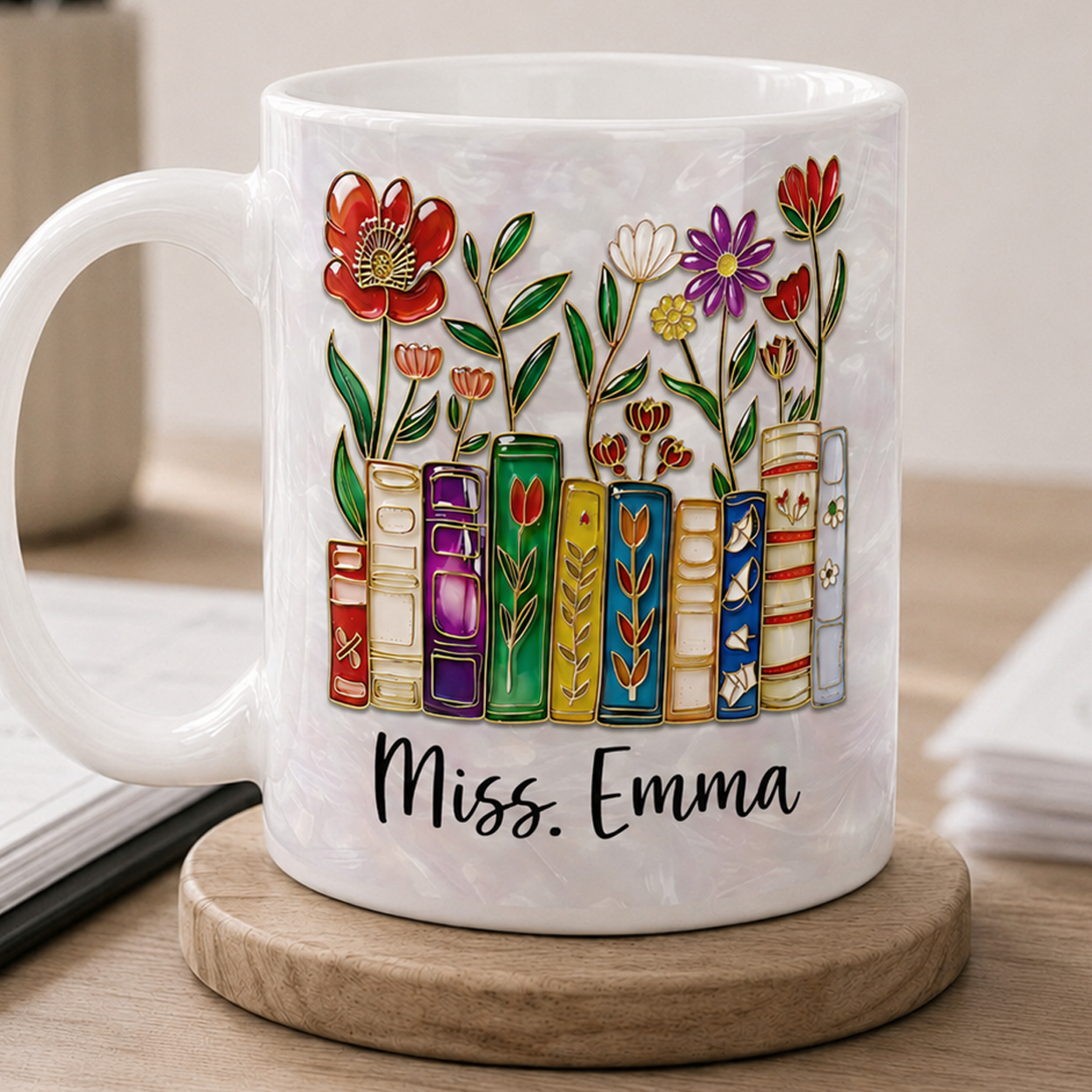 Personalized Teacher Name Mug, Custom Floral Books Teacher Mug, Back to School Gift