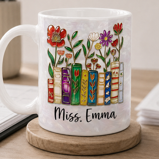 Personalized Teacher Name Mug, Custom Floral Books Teacher Mug, Back to School Gift