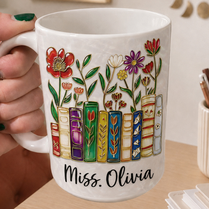 Personalized Teacher Name Mug, Custom Floral Books Teacher Mug, Back to School Gift