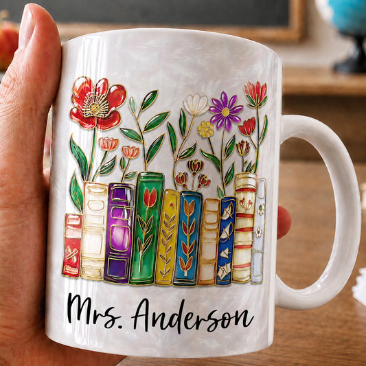 Personalized Teacher Name Mug, Custom Floral Books Teacher Mug, Back to School Gift
