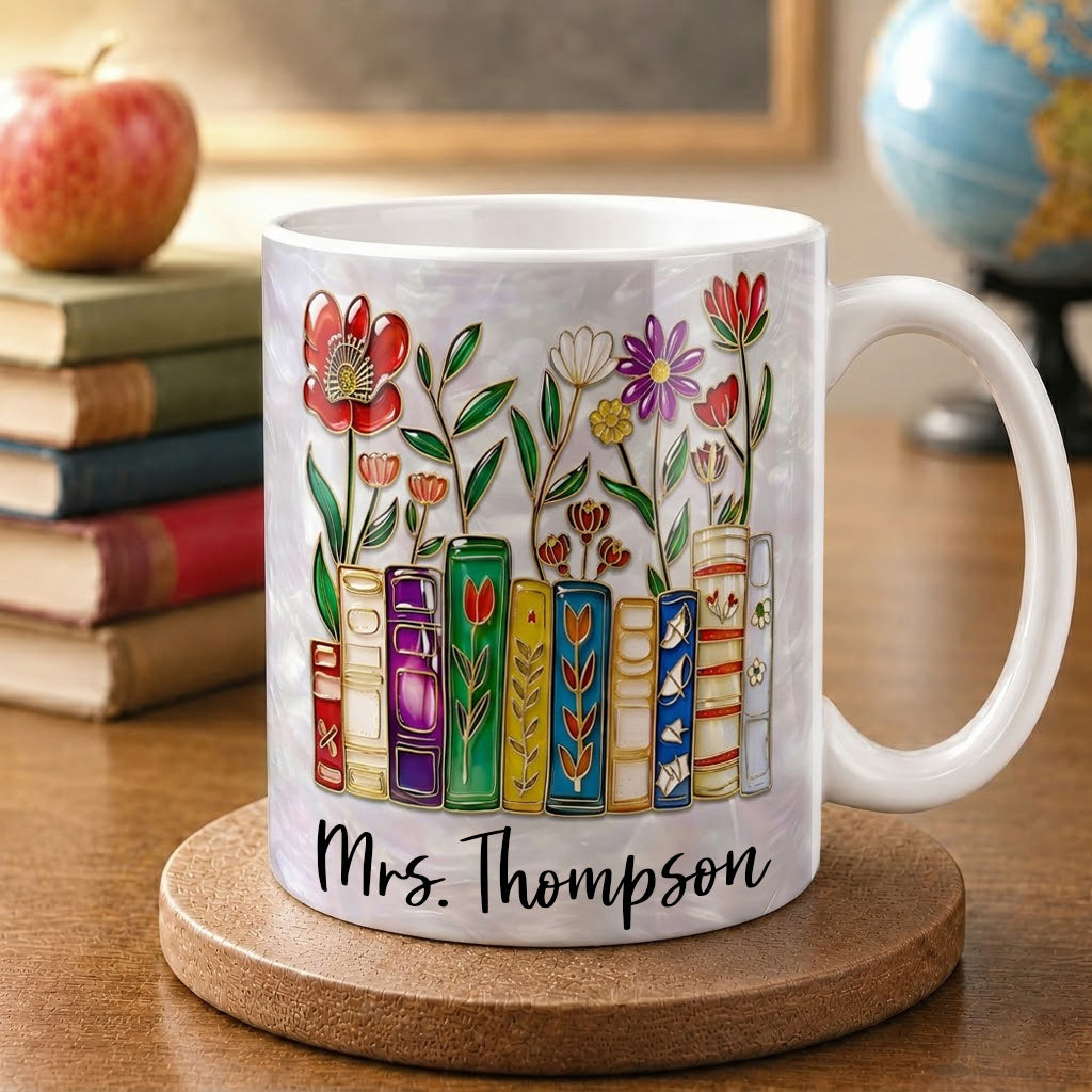 Personalized Teacher Name Mug, Custom Floral Books Teacher Mug, Back to School Gift