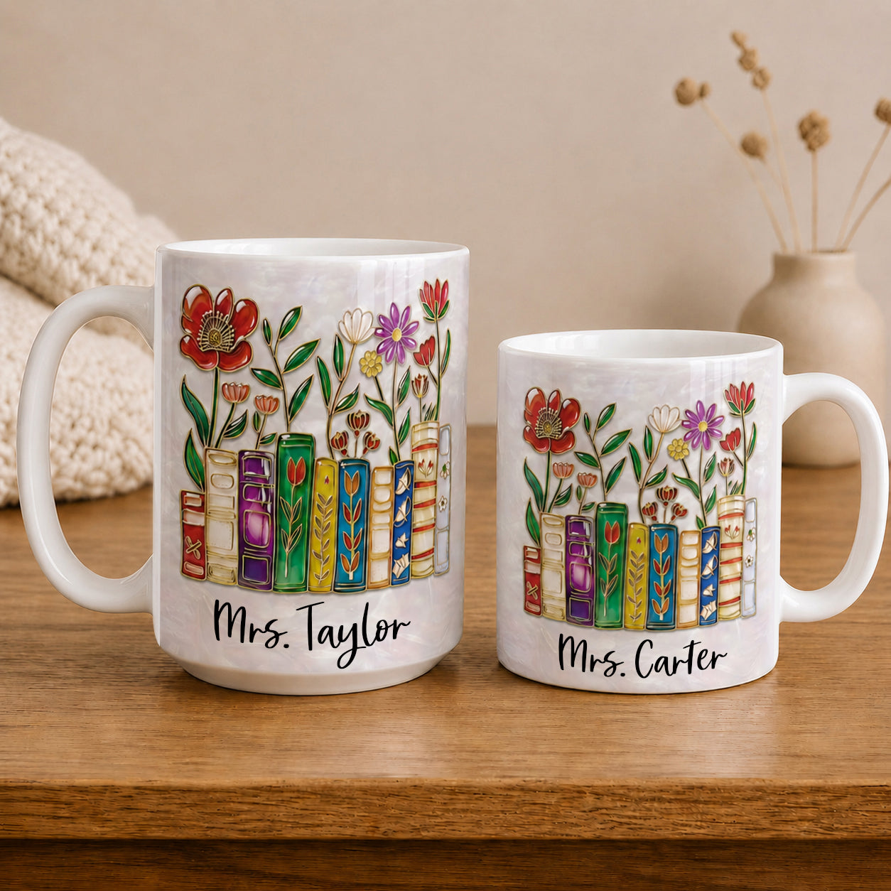 Personalized Teacher Name Mug, Custom Floral Books Teacher Mug, Back to School Gift