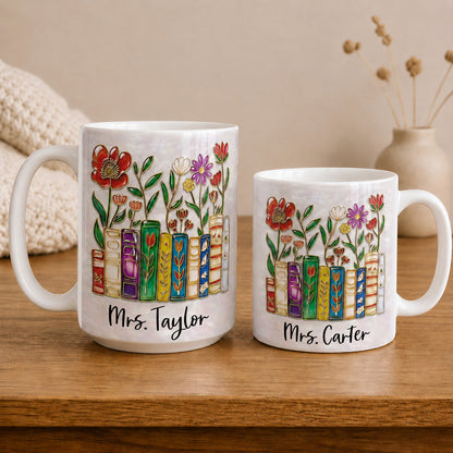 Personalized Teacher Name Mug, Custom Floral Books Teacher Mug, Back to School Gift